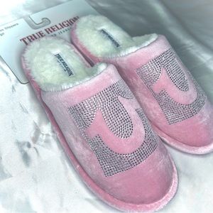 True Religion Pink Bling Velour Slippers